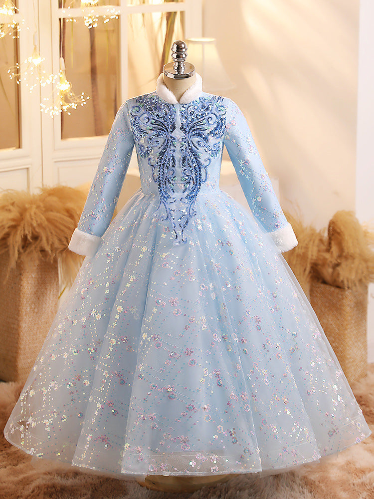 Shimmering Winter Party Ball Gown with Long Sleeves and Crystal Embellishments