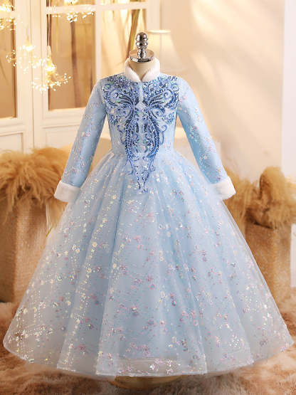 Shimmering Winter Party Ball Gown with Long Sleeves and Crystal Embellishments
