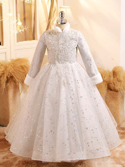 Shimmering Winter Party Ball Gown with Long Sleeves and Crystal Embellishments