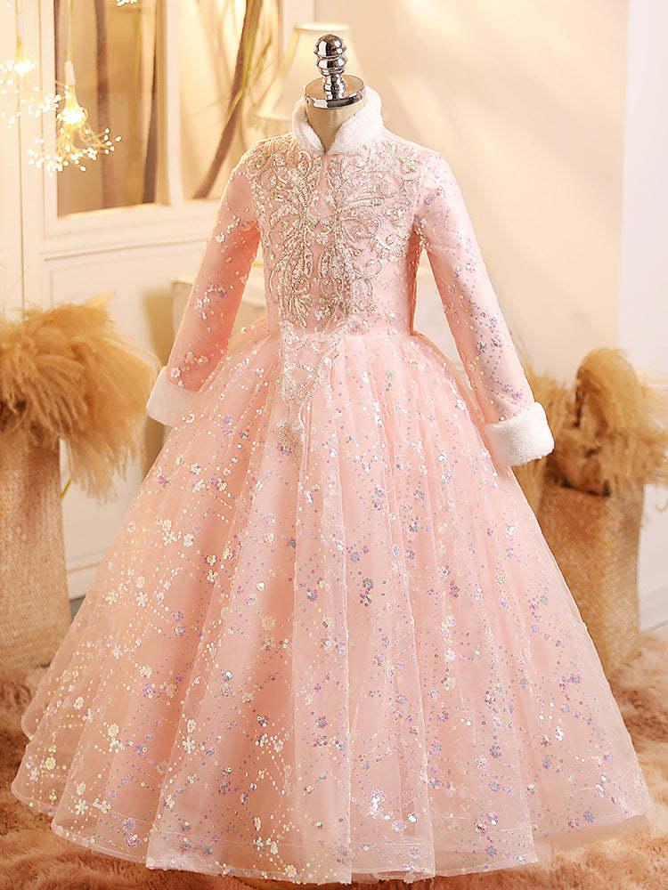 Shimmering Winter Party Ball Gown with Long Sleeves and Crystal Embellishments
