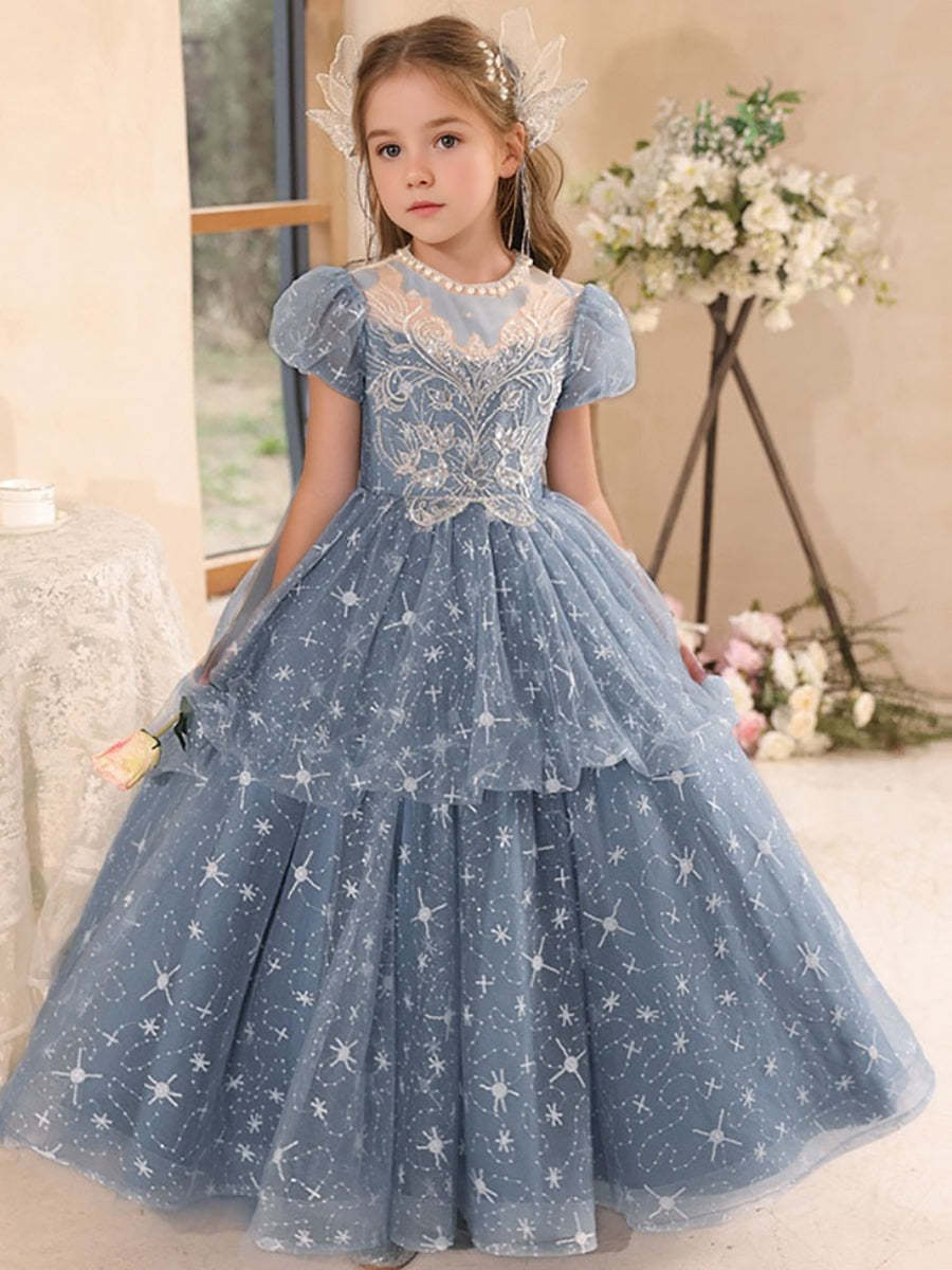 Round Neck Ball Gown with Beading and Rhinestones for Girls' Party
