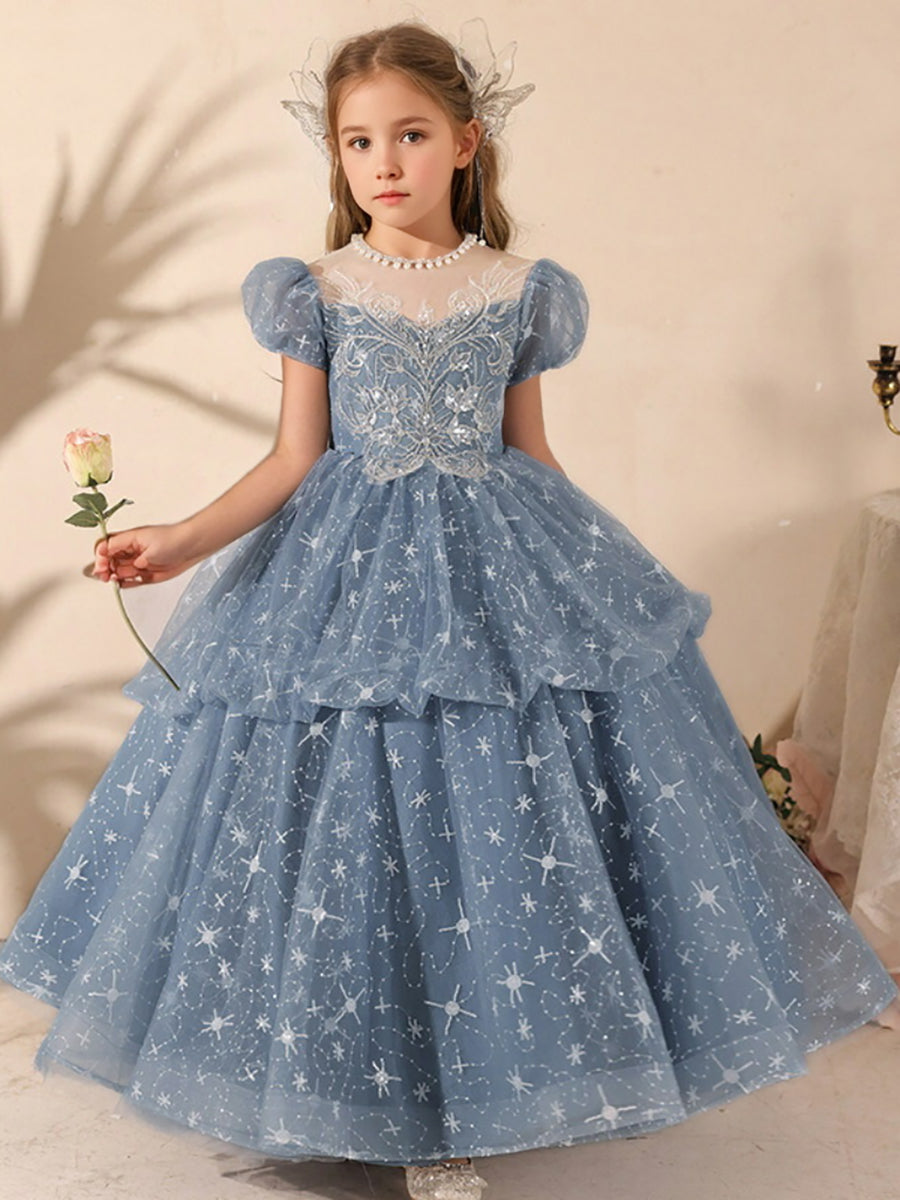 Round Neck Ball Gown with Beading and Rhinestones for Girls' Party