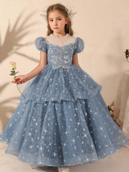 Round Neck Ball Gown with Beading and Rhinestones for Girls' Party