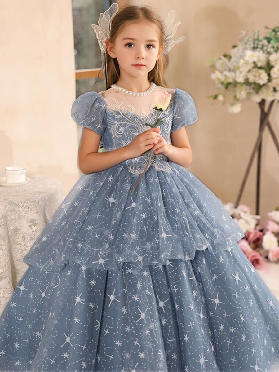 Round Neck Ball Gown with Beading and Rhinestones for Girls' Party