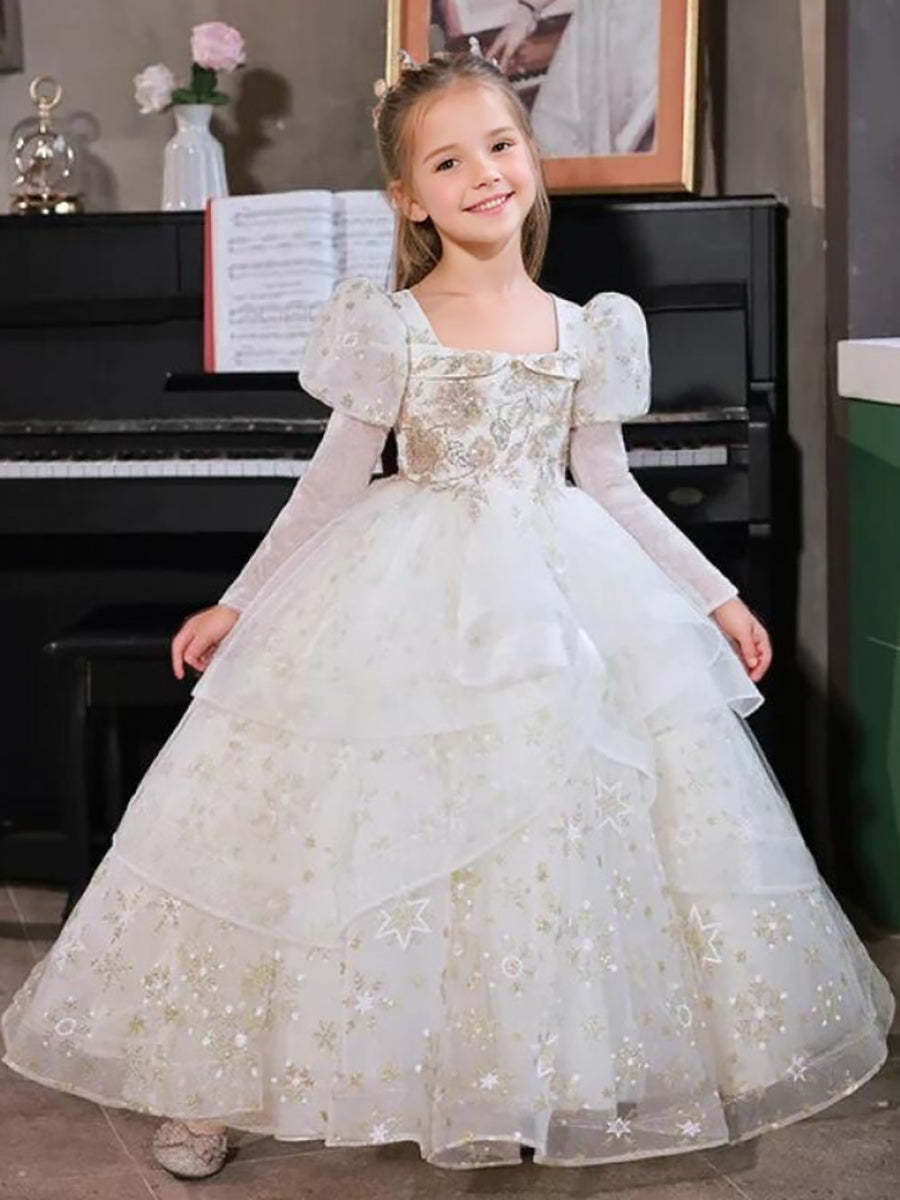 Layered Ball Gown with Square Neck and Long Sleeves Adorned with Appliques for Flower Girls