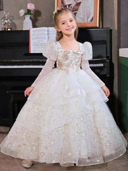 Layered Ball Gown with Square Neck and Long Sleeves Adorned with Appliques for Flower Girls