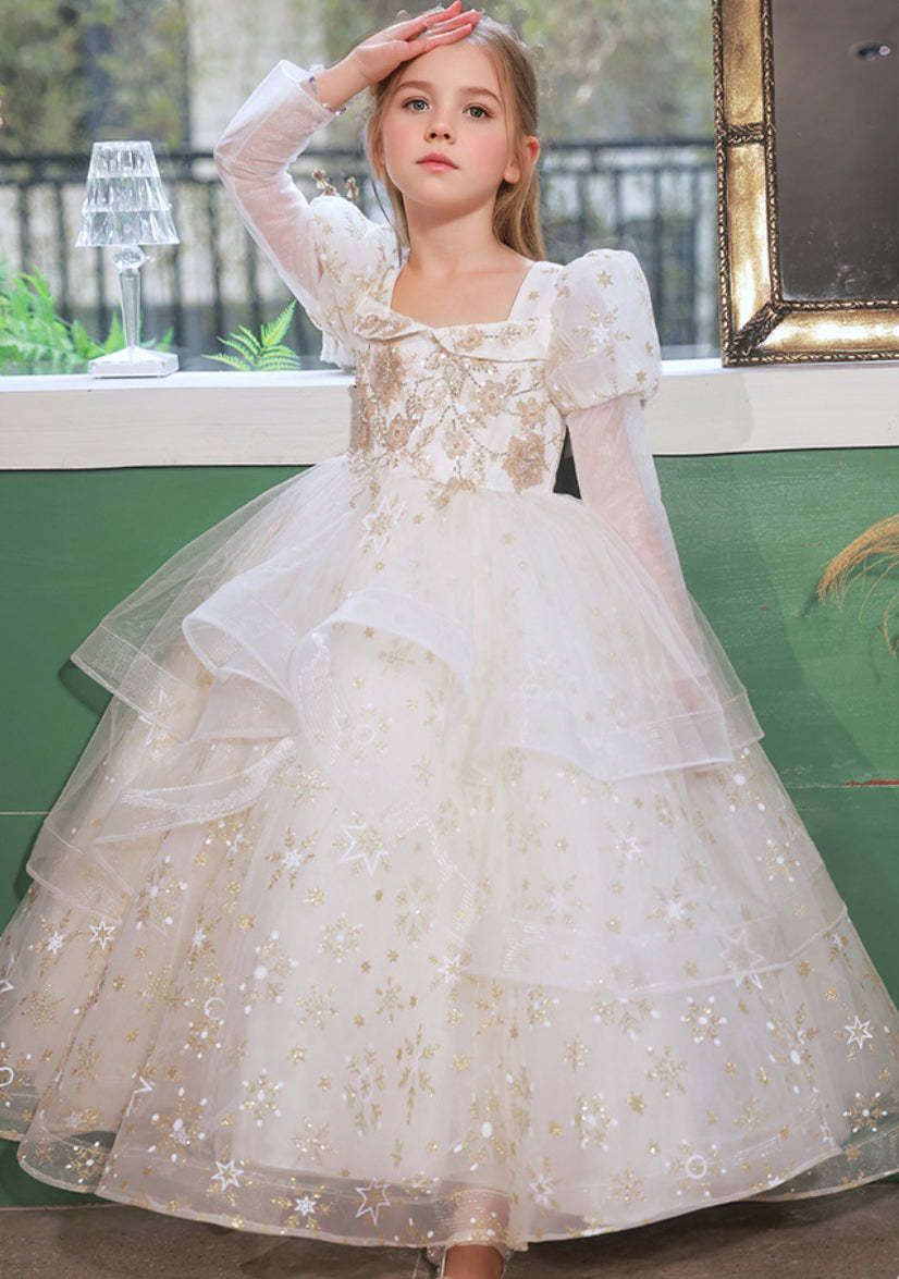 Layered Ball Gown with Square Neck and Long Sleeves Adorned with Appliques for Flower Girls
