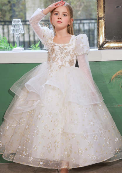 Layered Ball Gown with Square Neck and Long Sleeves Adorned with Appliques for Flower Girls