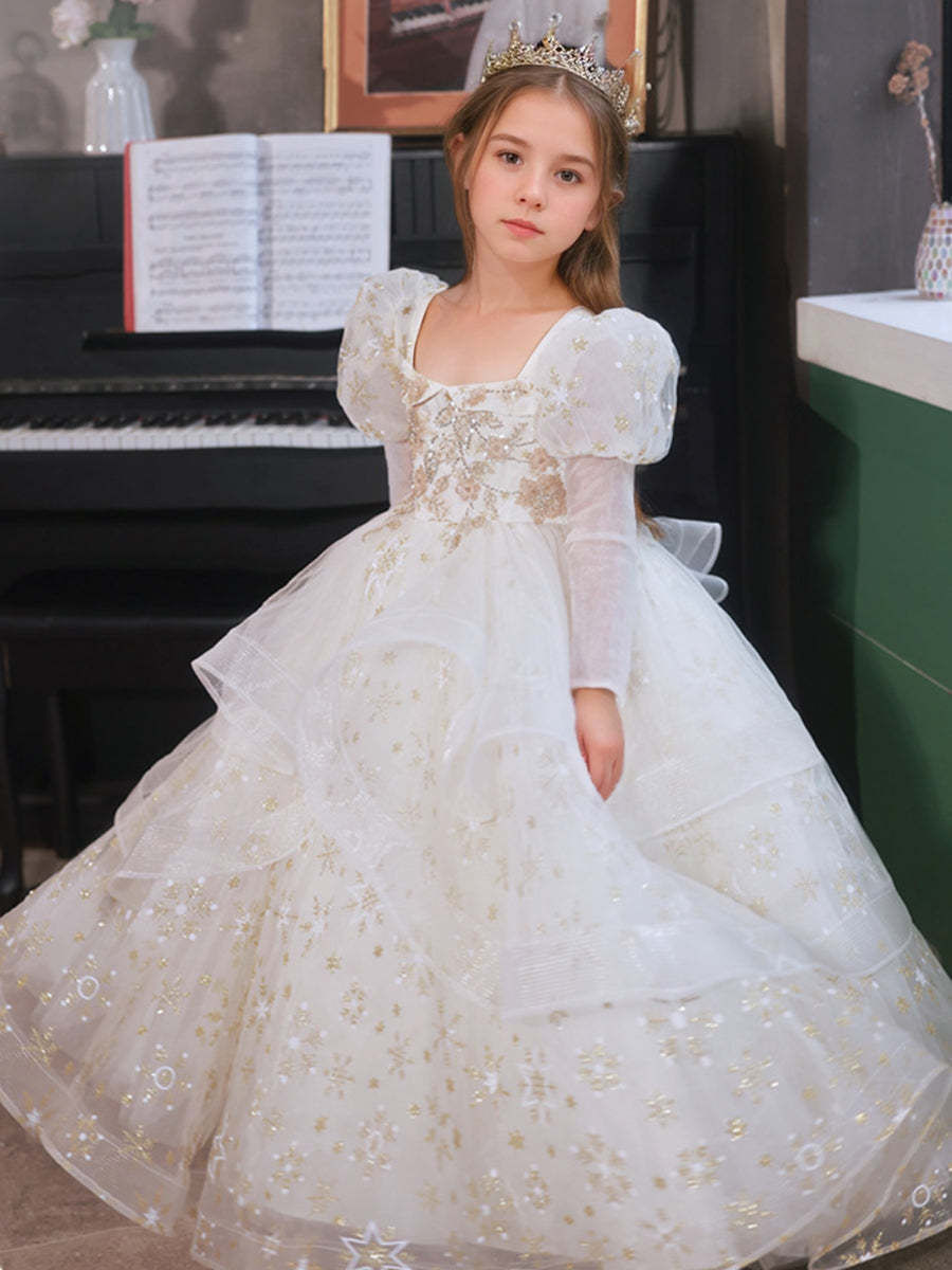Layered Ball Gown with Square Neck and Long Sleeves Adorned with Appliques for Flower Girls