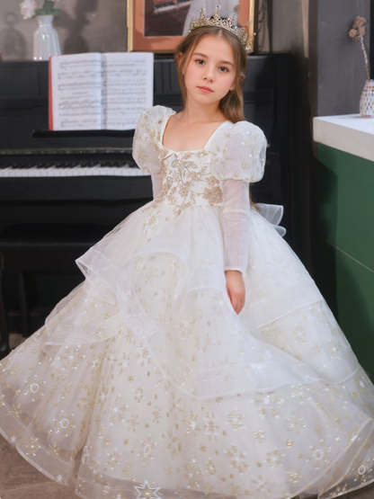 Layered Ball Gown with Square Neck and Long Sleeves Adorned with Appliques for Flower Girls