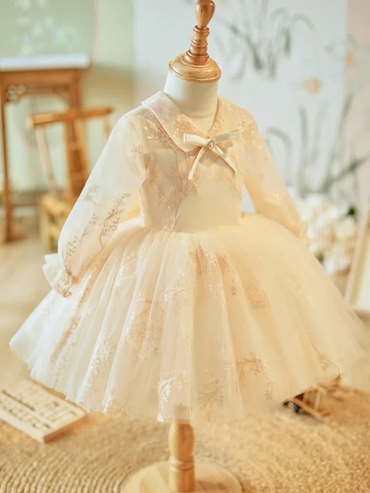 Long-Sleeved Lace Party Dress for Flower Girls with Bow Knee-Length