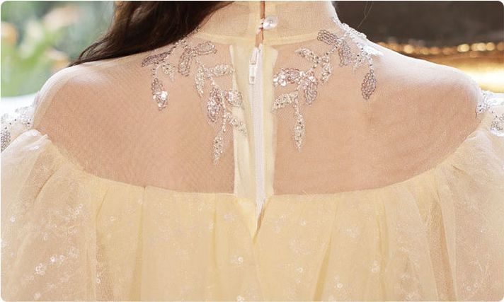 High Neck 3/4 Sleeve Lace Flower Girl Dress with Rhinestone Details in A-Line/Princess Cut