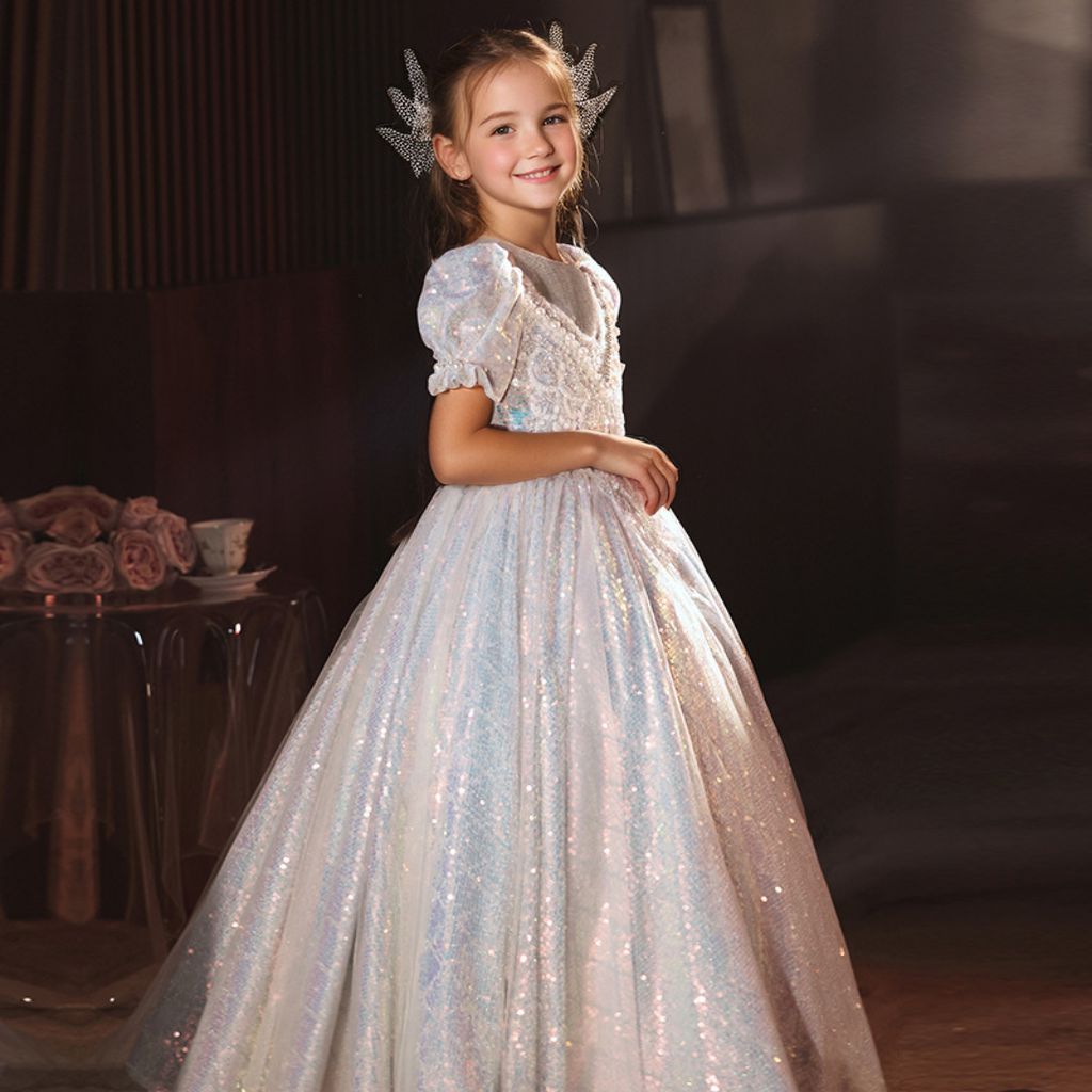 Shining Flower Girl Party Dress with Rhinestone Appliques A-Line/Princess Short Sleeves