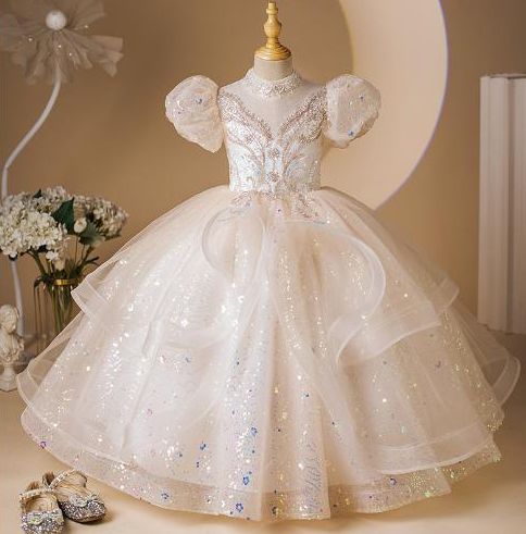 Short Sleeve High Neck Ball Gown with Rhinestone Appliques for Girls