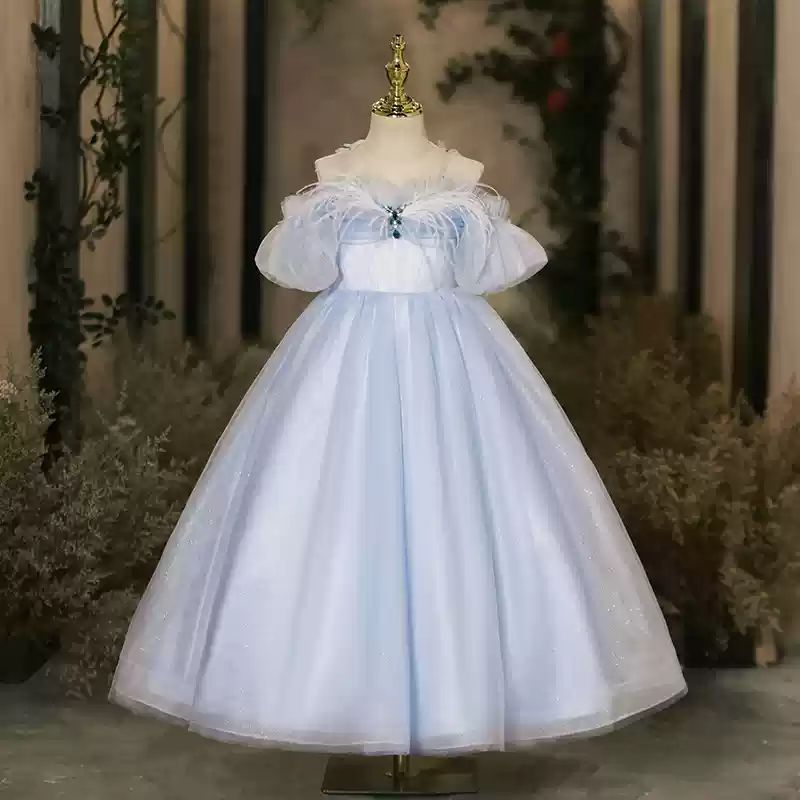 Off-the-Shoulder Floor-Length Flower Girl Party Dress with Feathers in A-Line/Princess Style