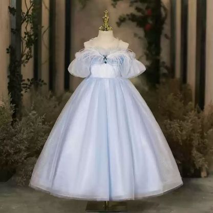 Off-the-Shoulder Floor-Length Flower Girl Party Dress with Feathers in A-Line/Princess Style