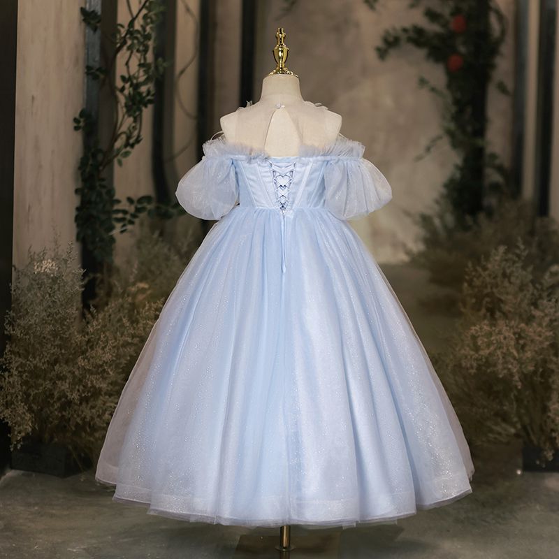 Off-the-Shoulder Floor-Length Flower Girl Party Dress with Feathers in A-Line/Princess Style