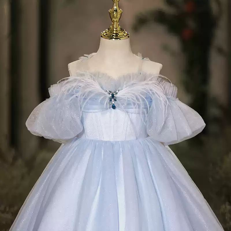 Off-the-Shoulder Floor-Length Flower Girl Party Dress with Feathers in A-Line/Princess Style