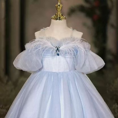 Off-the-Shoulder Floor-Length Flower Girl Party Dress with Feathers in A-Line/Princess Style