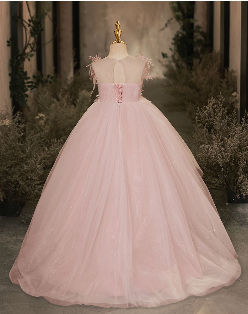 Sleeveless Flower Girl Dresses with Rhinestone & Feathers in High-Low Sweep Train