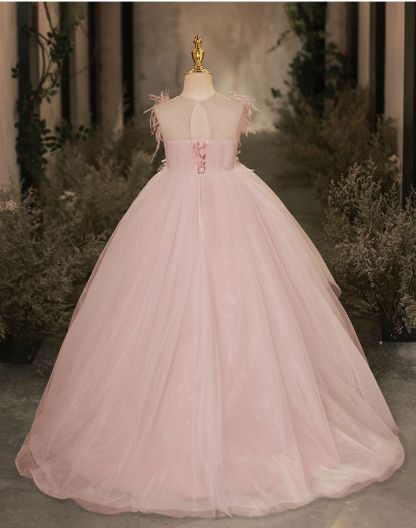 Sleeveless Flower Girl Dresses with Rhinestone & Feathers in High-Low Sweep Train