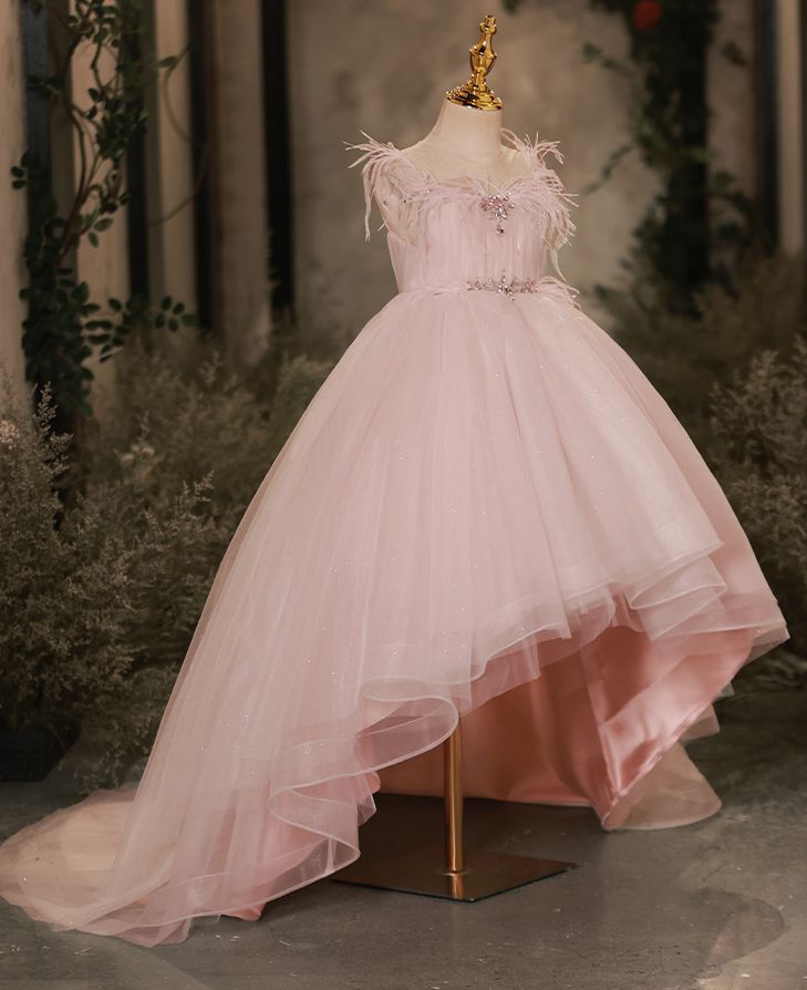 Sleeveless Flower Girl Dresses with Rhinestone & Feathers in High-Low Sweep Train