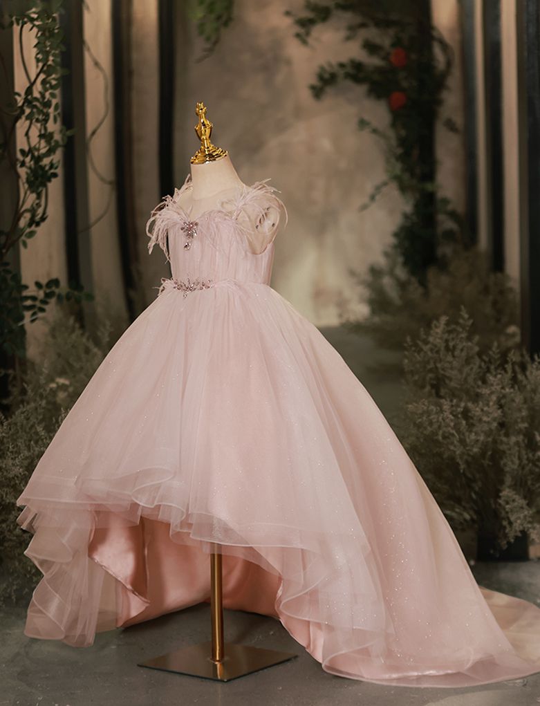 Sleeveless Flower Girl Dresses with Rhinestone & Feathers in High-Low Sweep Train