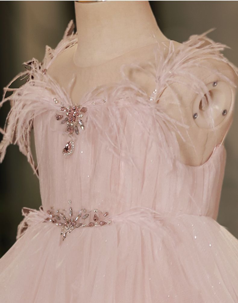 Sleeveless Flower Girl Dresses with Rhinestone & Feathers in High-Low Sweep Train