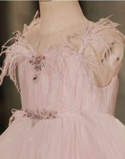 Sleeveless Flower Girl Dresses with Rhinestone & Feathers in High-Low Sweep Train