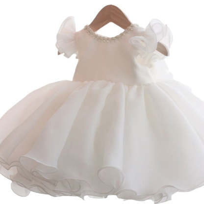 Round Neck Short Sleeve Flower Girl Dress with Bow & Crystal Knee Length