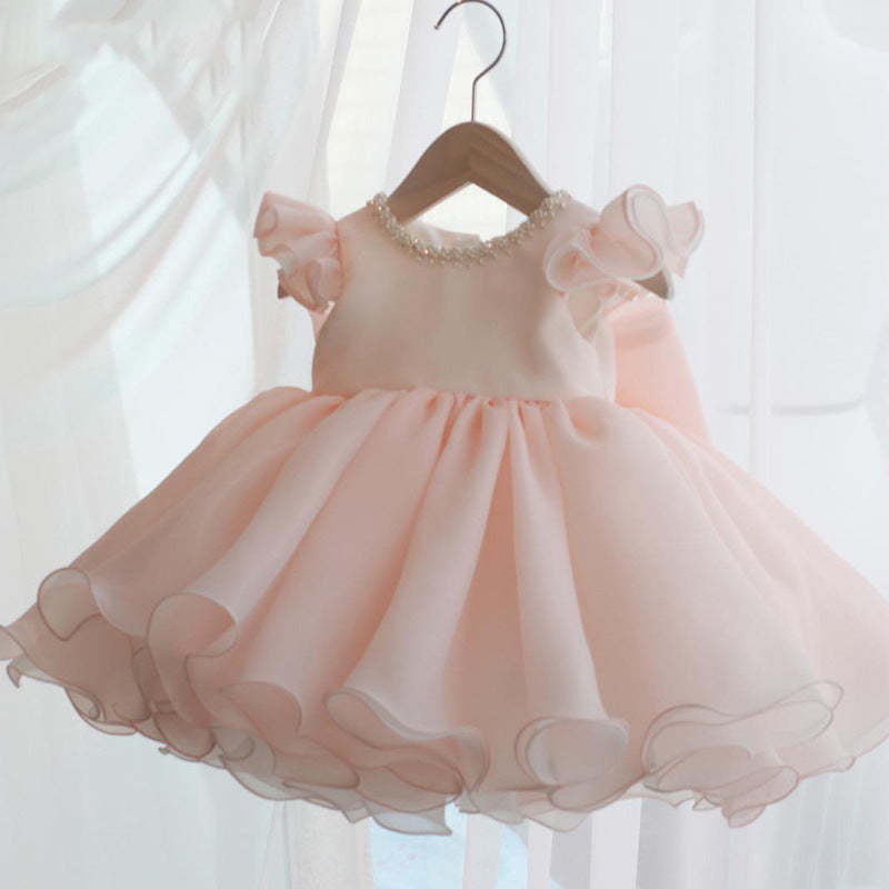 Round Neck Short Sleeve Flower Girl Dress with Bow & Crystal Knee Length