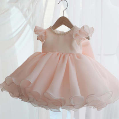 Round Neck Short Sleeve Flower Girl Dress with Bow & Crystal Knee Length