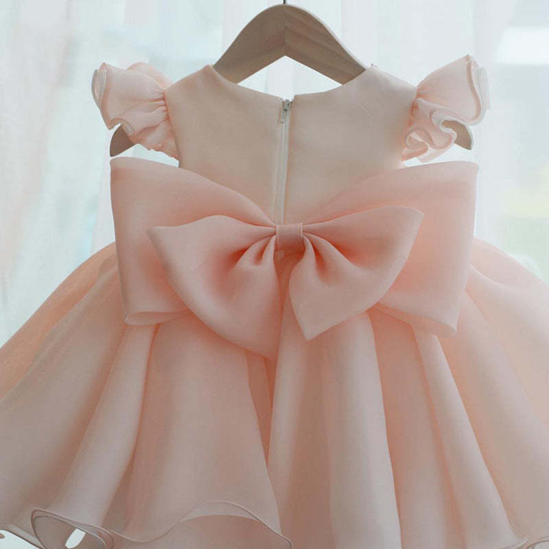 Round Neck Short Sleeve Flower Girl Dress with Bow & Crystal Knee Length