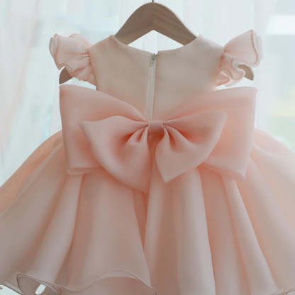 Round Neck Short Sleeve Flower Girl Dress with Bow & Crystal Knee Length