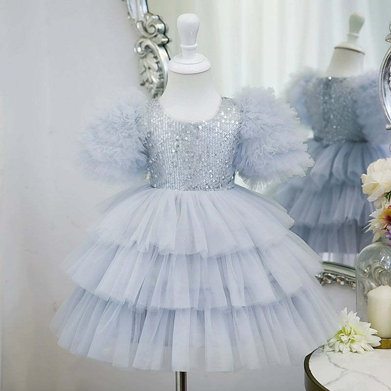 Round Neck Short Sleeves Layered Party Dress for Girls with Sequins in Tea Length