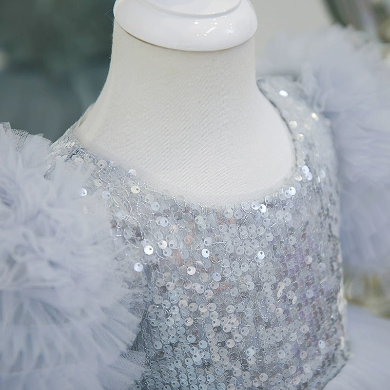 Round Neck Short Sleeves Layered Party Dress for Girls with Sequins in Tea Length