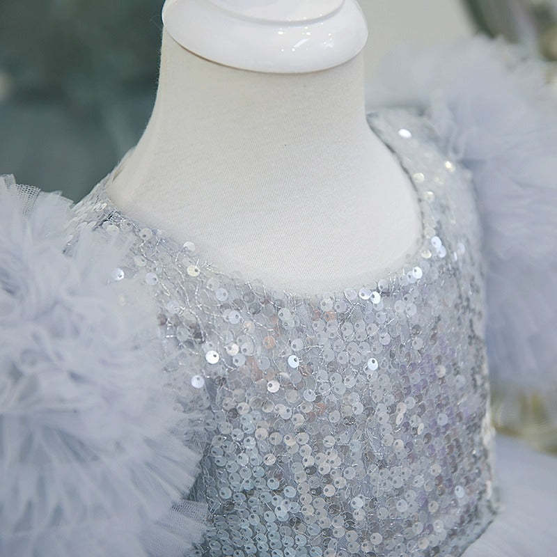 Round Neck Short Sleeves Layered Party Dress for Girls with Sequins in Tea Length