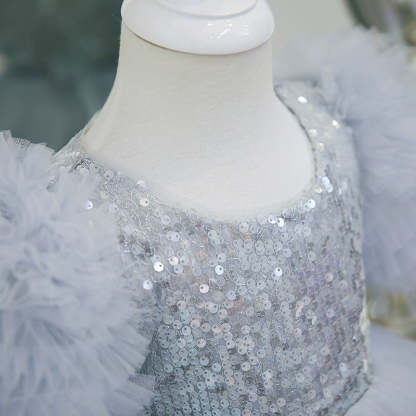 Round Neck Short Sleeves Layered Party Dress for Girls with Sequins in Tea Length