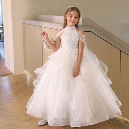 Princess A-Line Halter Girl Party Dress with Sleeveless Beading and Rhinestone Appliques