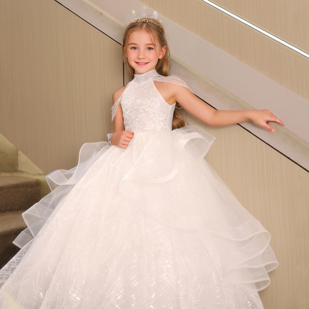 Princess A-Line Halter Girl Party Dress with Sleeveless Beading and Rhinestone Appliques