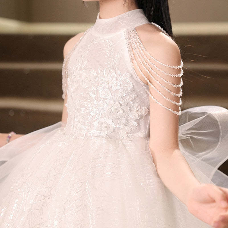 Floor-Length Halter Ball Gown with Beaded Flower Appliques for Girls