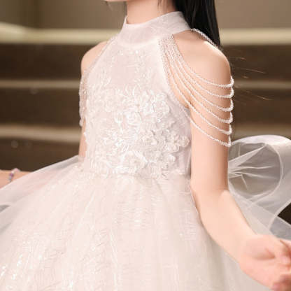 Floor-Length Halter Ball Gown with Beaded Flower Appliques for Girls