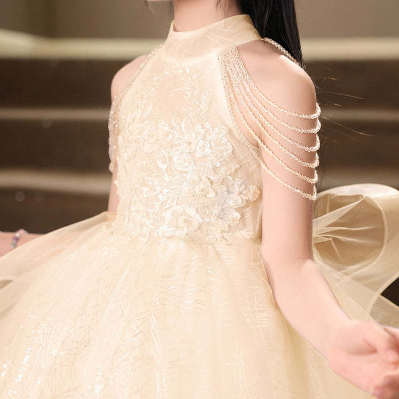 Floor-Length Halter Ball Gown with Beaded Flower Appliques for Girls