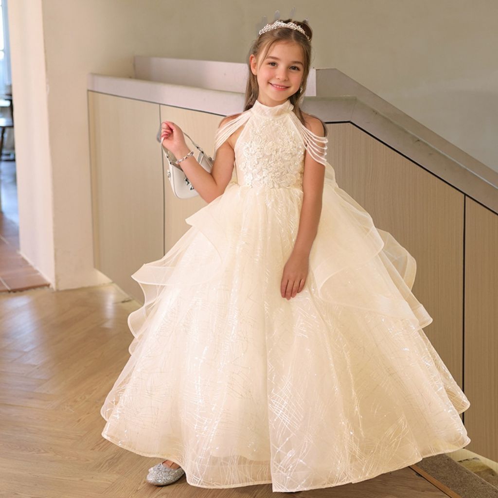 Princess A-Line Halter Girl Party Dress with Sleeveless Beading and Rhinestone Appliques