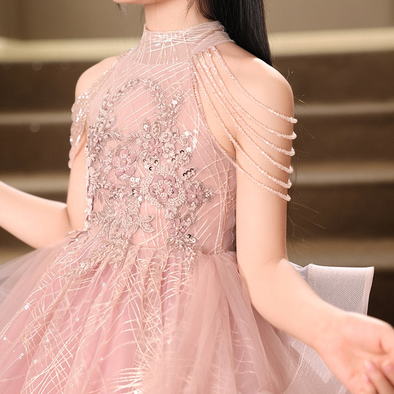 Floor-Length Halter Ball Gown with Beaded Flower Appliques for Girls