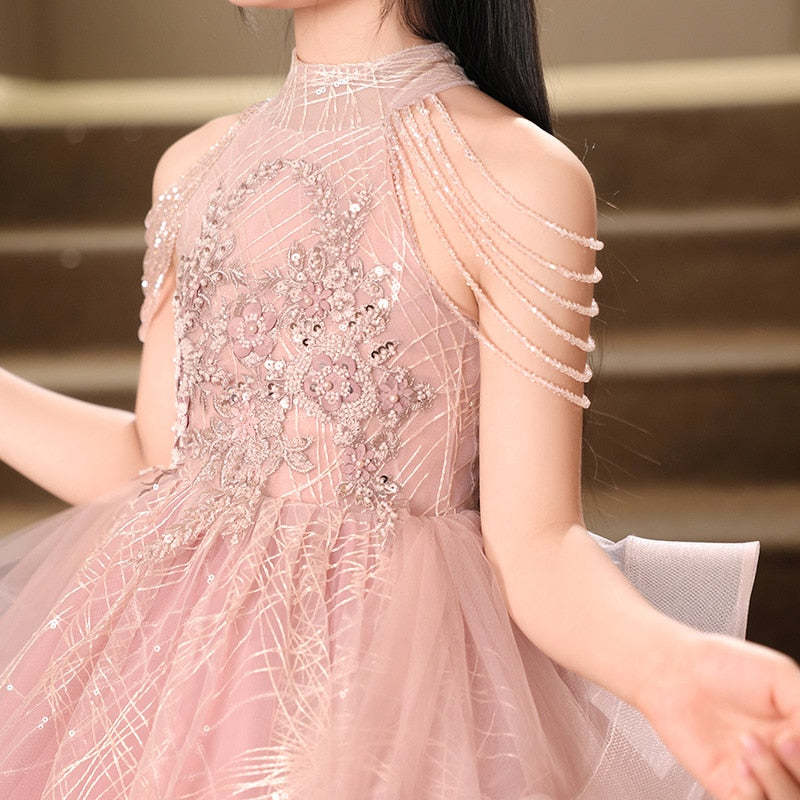 Floor-Length Halter Ball Gown with Beaded Flower Appliques for Girls