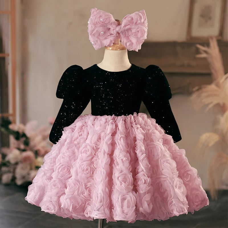 Knee-Length Party Dress for Girls with Long Sleeves and Ruched Floral Detail