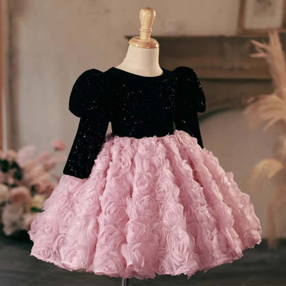 Knee-Length Party Dress for Girls with Long Sleeves and Ruched Floral Detail