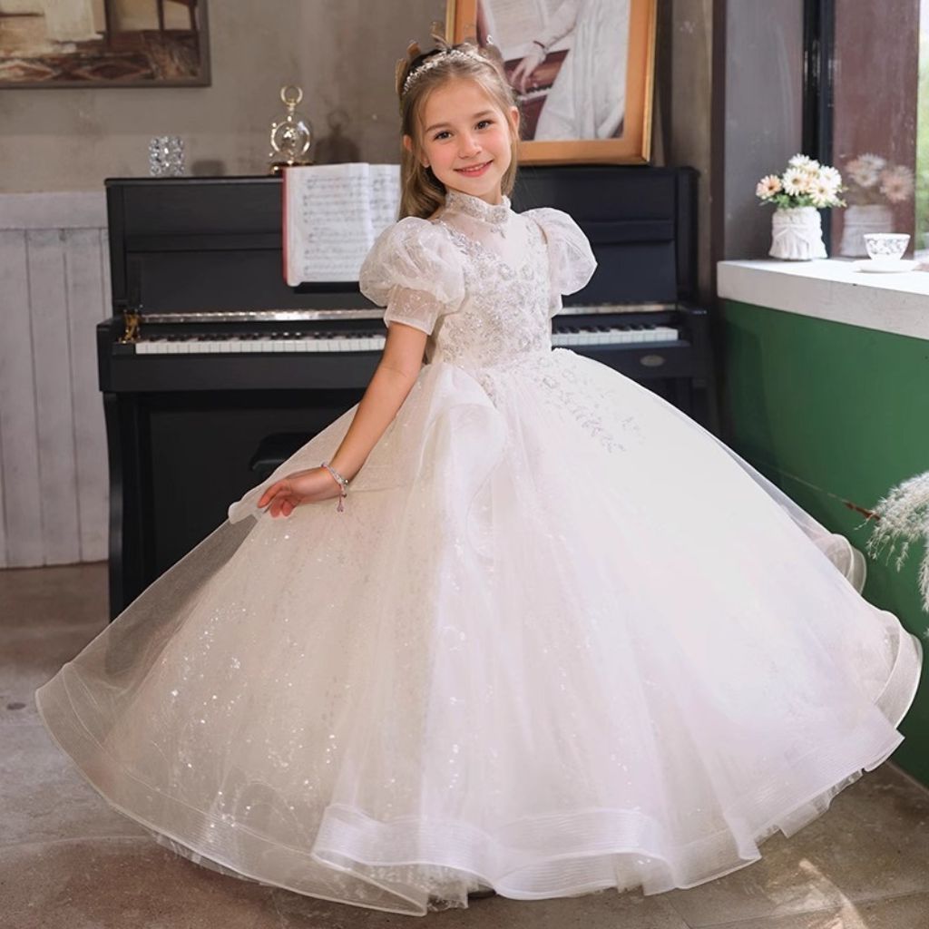 High Neck A-Line/Princess Short Sleeve Flower Girl Dresses with Crystal Appliques