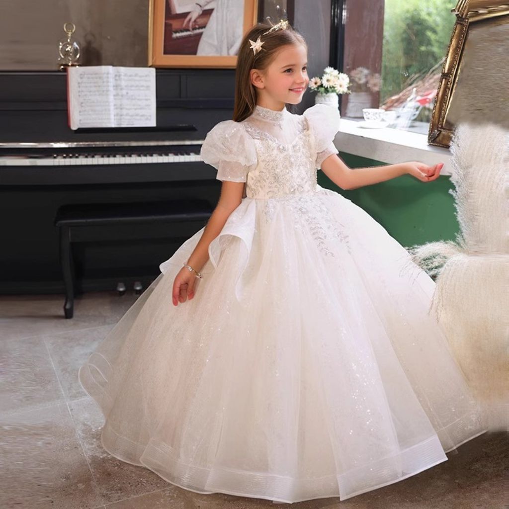 High Neck A-Line/Princess Short Sleeve Flower Girl Dresses with Crystal Appliques